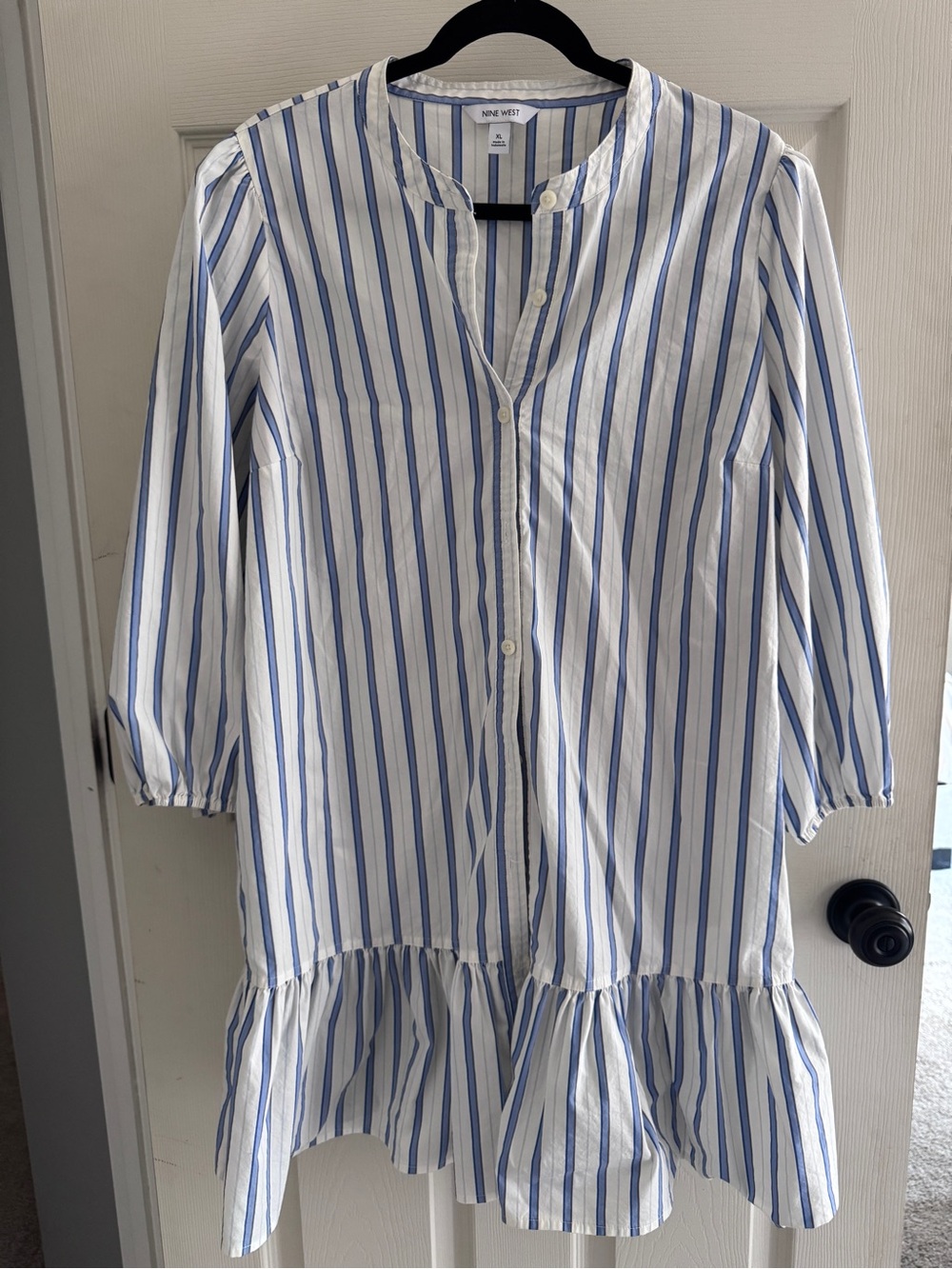 Nine West Women’s Blue and White Striped Ruffle Hem Dress